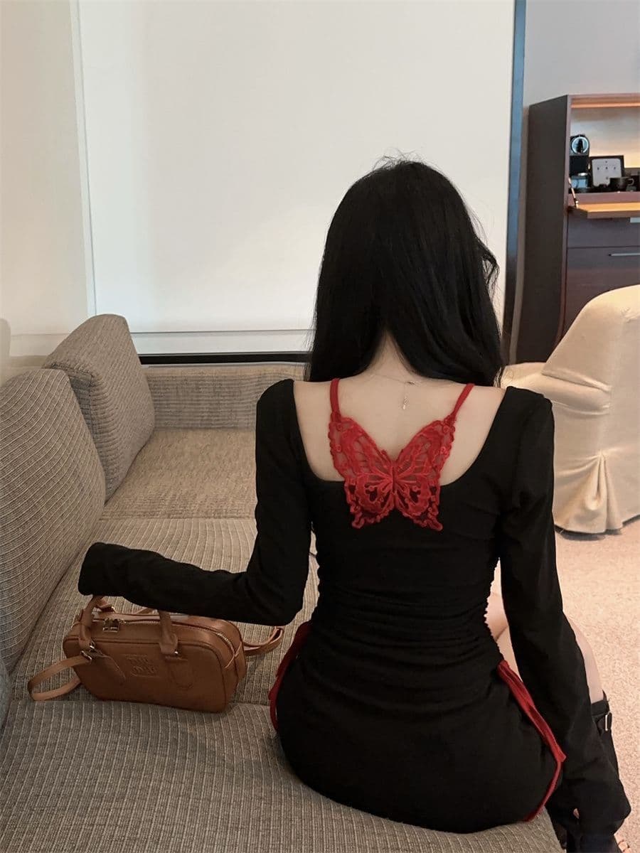 아름다운 섹시함 나비 백리스 배색 긴팔 페이크 레이어드 맨위 가을 새로운 순수한 욕망 슬림해 보이는 핫걸 티셔츠 트렌디 상세 이미지 12