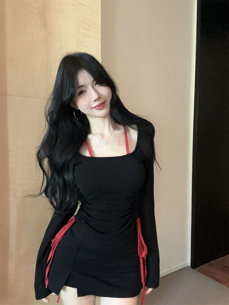 아름다운 섹시함 나비 백리스 배색 긴팔 페이크 레이어드 맨위 가을 새로운 순수한 욕망 슬림해 보이는 핫걸 티셔츠 트렌디 상세 이미지 13