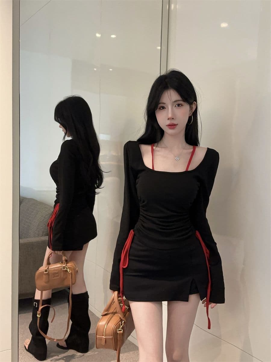 아름다운 섹시함 나비 백리스 배색 긴팔 페이크 레이어드 맨위 가을 새로운 순수한 욕망 슬림해 보이는 핫걸 티셔츠 트렌디 상세 이미지 14