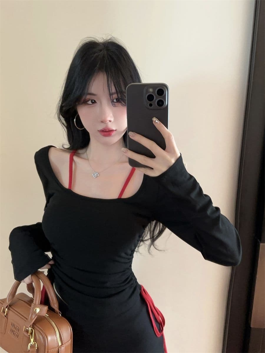아름다운 섹시함 나비 백리스 배색 긴팔 페이크 레이어드 맨위 가을 새로운 순수한 욕망 슬림해 보이는 핫걸 티셔츠 트렌디 상세 이미지 15
