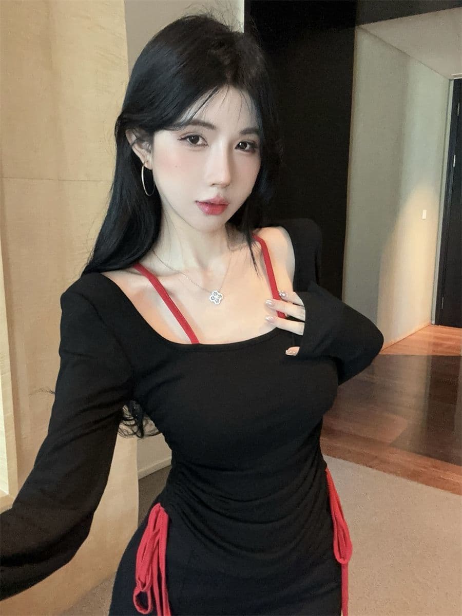 아름다운 섹시함 나비 백리스 배색 긴팔 페이크 레이어드 맨위 가을 새로운 순수한 욕망 슬림해 보이는 핫걸 티셔츠 트렌디 상세 이미지 19