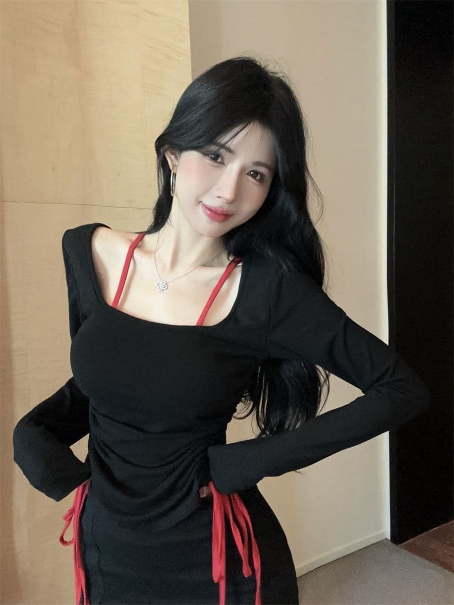 아름다운 섹시함 나비 백리스 배색 긴팔 페이크 레이어드 맨위 가을 새로운 순수한 욕망 슬림해 보이는 핫걸 티셔츠 트렌디 상세 이미지 20