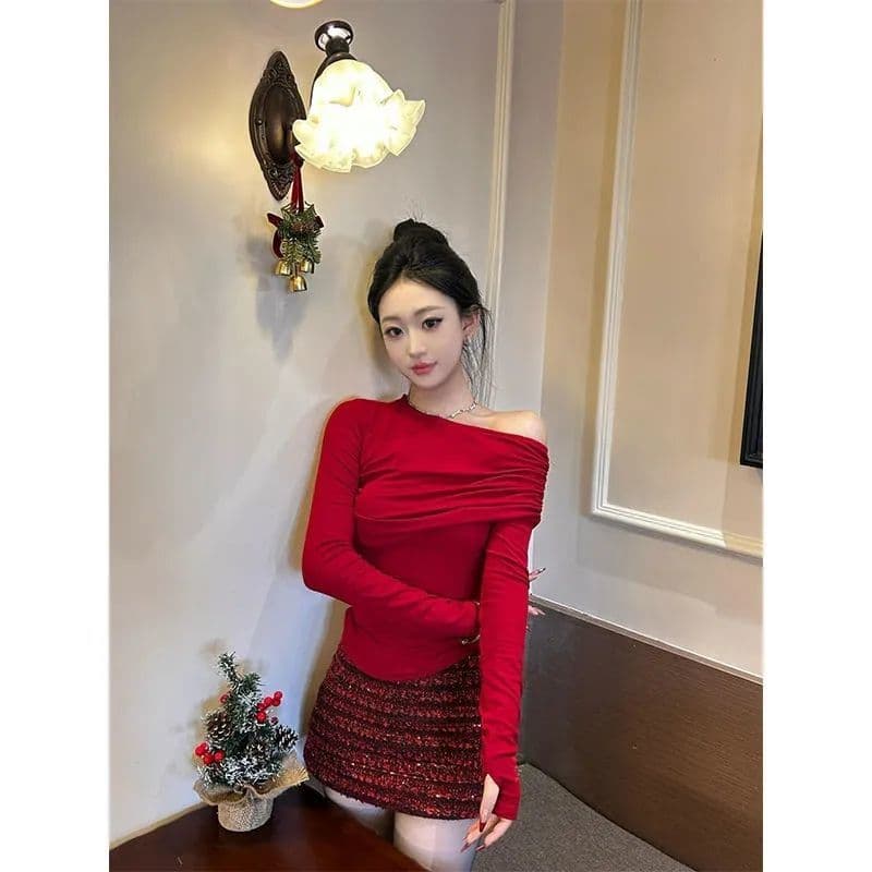 모달 잡아라. 털 원본 것 순수한 욕망 바람 비스듬한 어깨 티셔츠 가을 겨울 슬림해 보이는 맨위 긴팔 상세 이미지 3