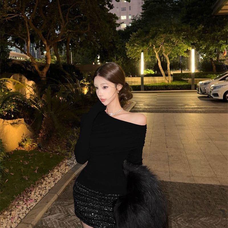 모달 잡아라. 털 원본 것 순수한 욕망 바람 비스듬한 어깨 티셔츠 가을 겨울 슬림해 보이는 맨위 긴팔 상세 이미지 7