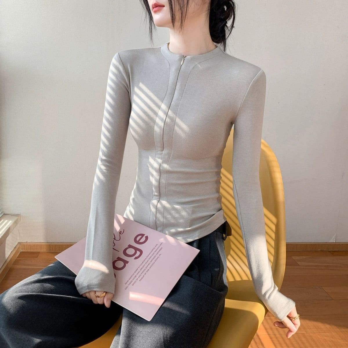 가을 겨울 여성 레저 기본 셔츠 맨위 새로운 봄 가을 작은 키 쇼트 스타일 티셔츠 품격 몸매 가꾸기 상세 이미지 11