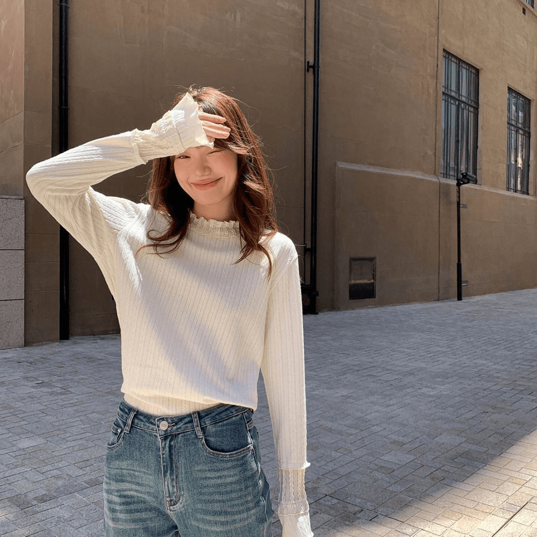 가을 겨울 싱글 착용 살구 색상 긴팔 기본 셔츠 맨위 한 부서 그레이트 봐라. 레이스 홀로우 아웃 인사이드 가져 가라. 상세 이미지 3