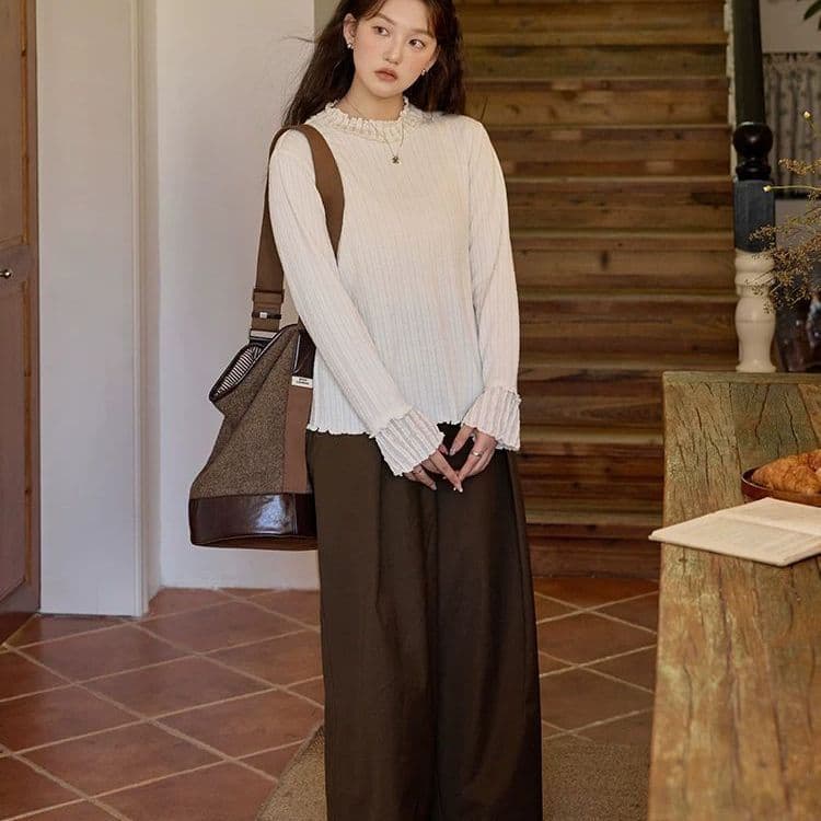 가을 겨울 싱글 착용 살구 색상 긴팔 기본 셔츠 맨위 한 부서 그레이트 봐라. 레이스 홀로우 아웃 인사이드 가져 가라. 상세 이미지 8