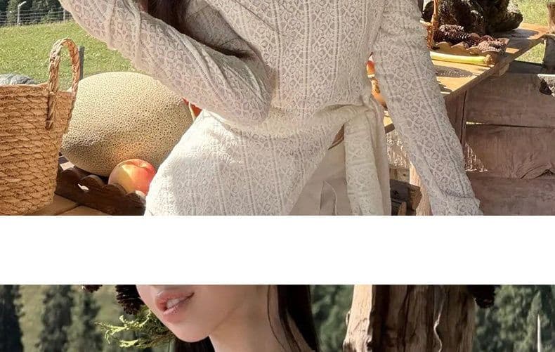 한 부서 오프숄더 레이스 긴팔 티셔츠 여성 가을 디자인 센스 불규칙 레이스업 나비 매듭 허리 수축 슬림해 보이는 맨위 상세 이미지 12