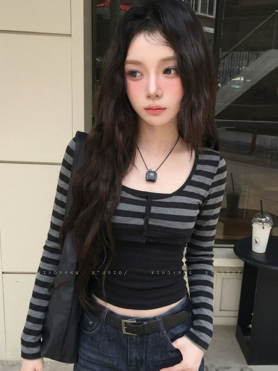 고대 조기 스트라이프 긴팔 티셔츠 여성 가을 섹션 몸매 가꾸기 슬림해 보이는 다용도 쇼트 스타일 맨위 투피스 세트 핫걸 바람 착용 가져 가라. 상세 이미지 5
