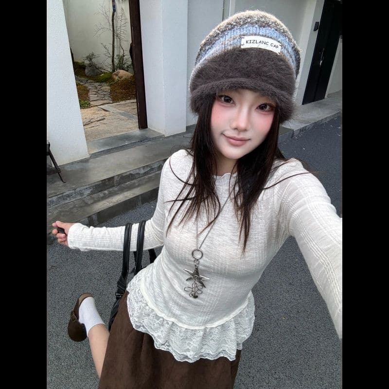 경관 그림 원본 원단 230 크 부드러운 품격 레이스 레이스 패치워크 긴팔 기본 셔츠 여성 몸매 가꾸기 맨위 상세 이미지 1