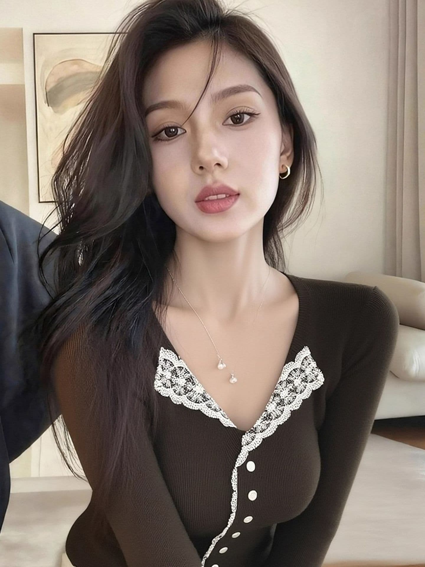 경관 그림 1 1 와 사고 방식 잡아라. 털 260 그램 아름다움 라드. 레이스 V넥 긴팔 디자인 센스 품격 Chic 맨위