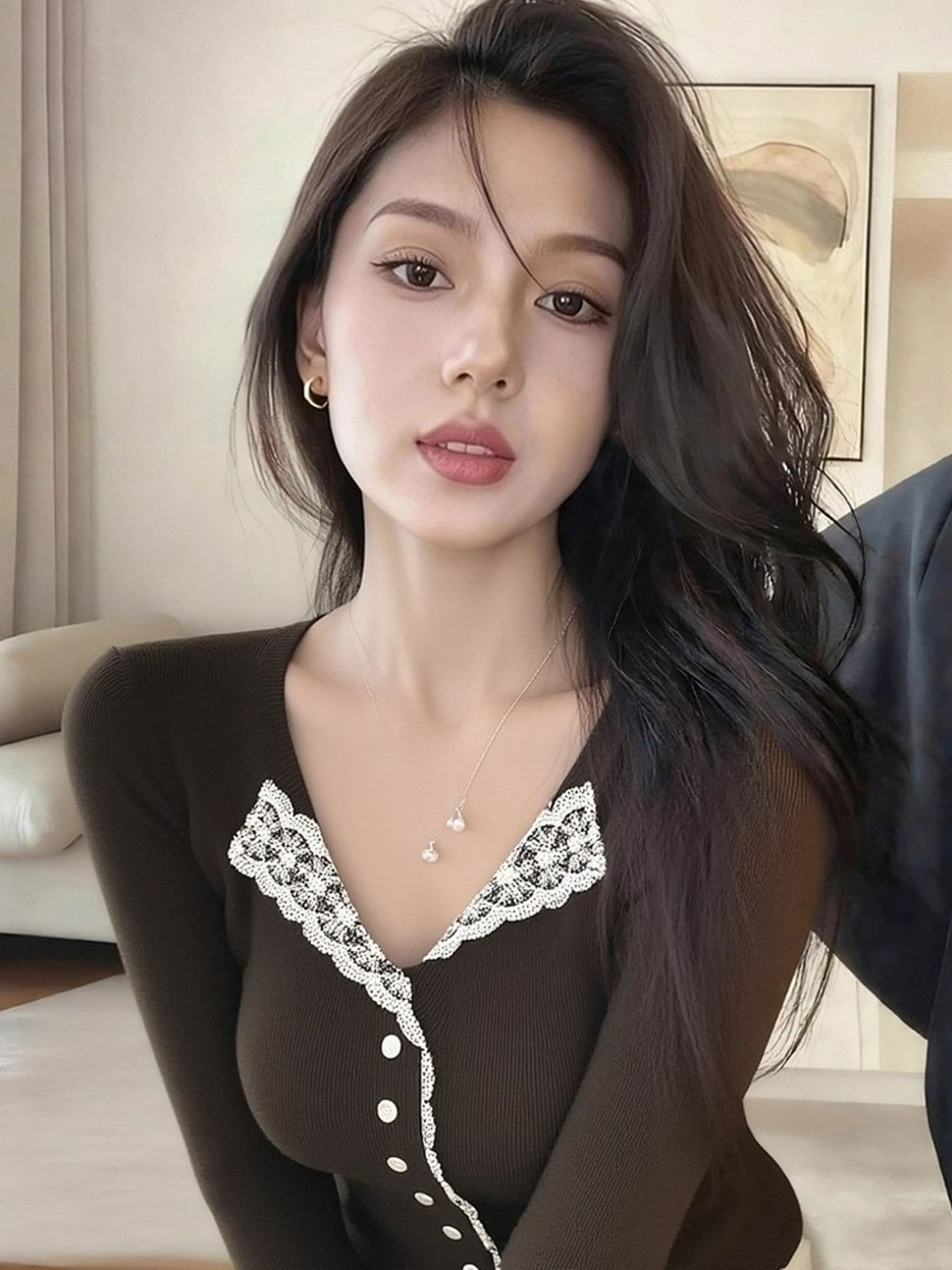 경관 그림 1 1 와 사고 방식 잡아라. 털 260 그램 아름다움 라드. 레이스 V넥 긴팔 디자인 센스 품격 Chic 맨위 상세 이미지 1