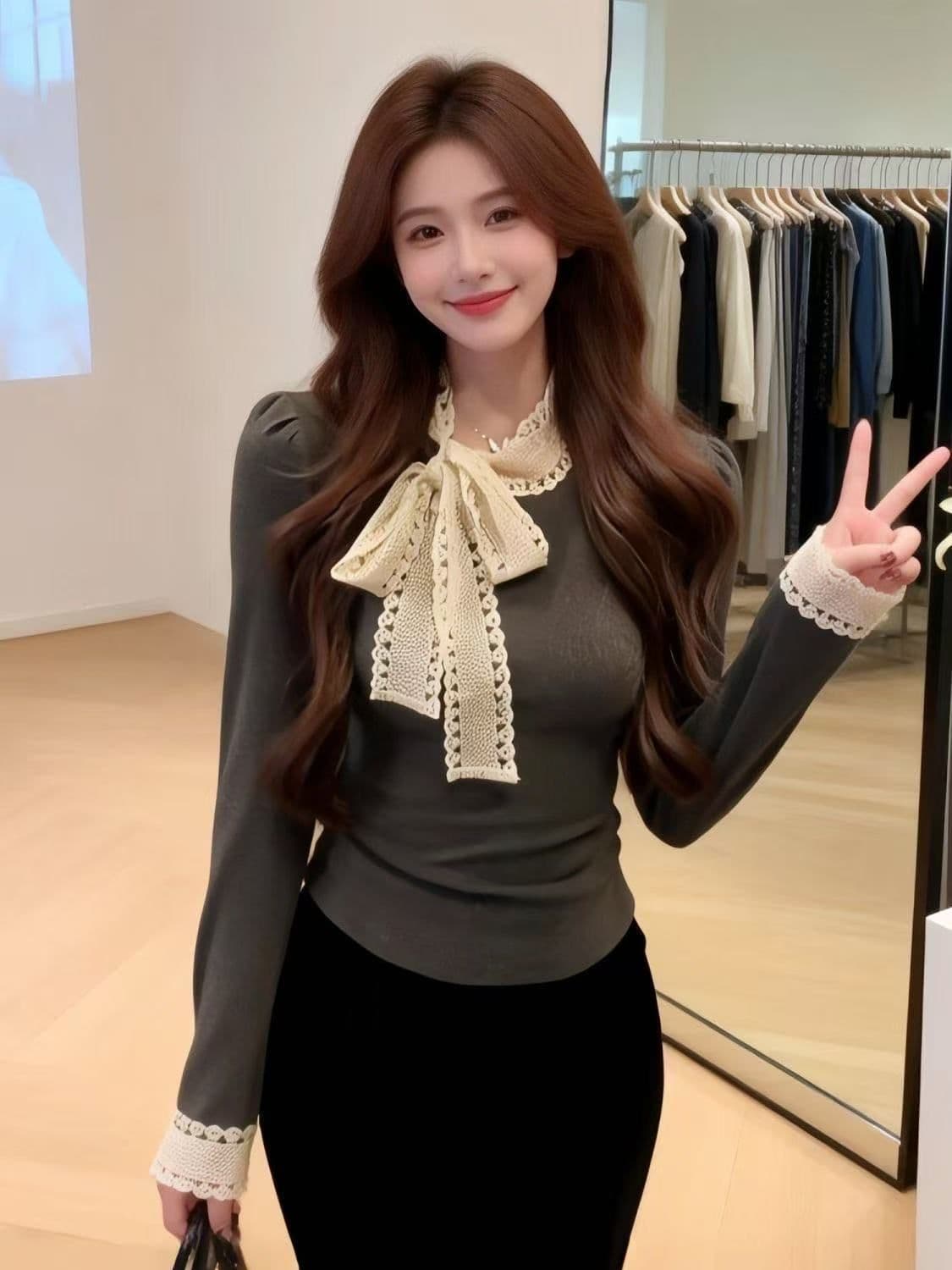 1 1 인 면 260 그램 프랑스식 고급 레이스 레이스업 나비 매듭 칼라 몸매 가꾸기 긴팔 인사이드 가져 가라. 만나는