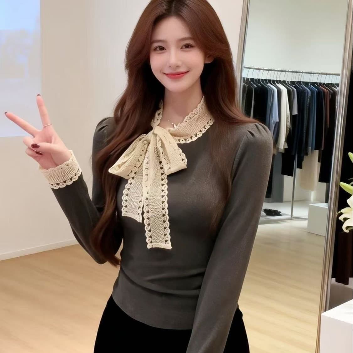 1 1 인 면 260 그램 프랑스식 고급 레이스 레이스업 나비 매듭 칼라 몸매 가꾸기 긴팔 인사이드 가져 가라. 만나는 이미지 5