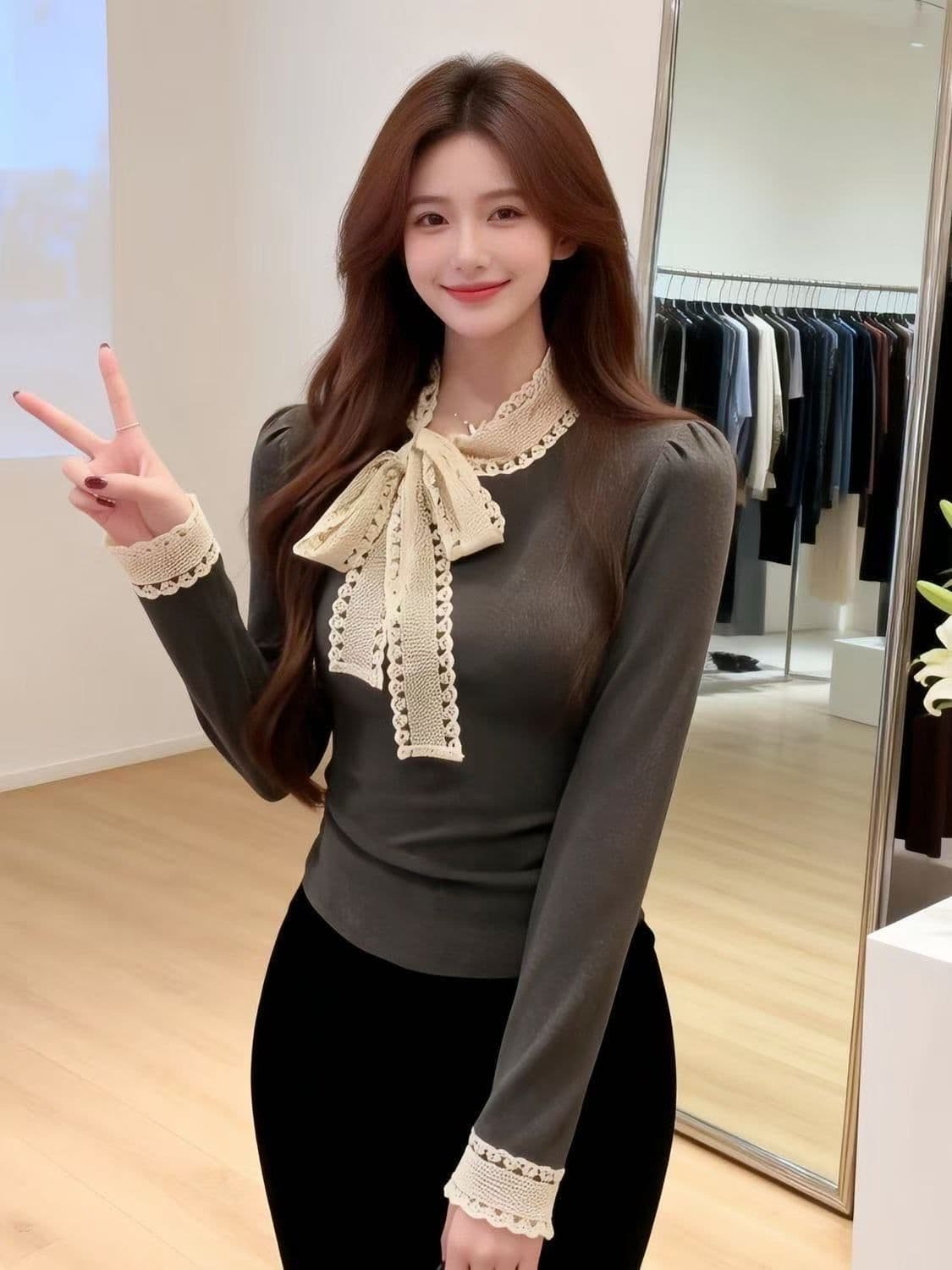 1 1 인 면 260 그램 프랑스식 고급 레이스 레이스업 나비 매듭 칼라 몸매 가꾸기 긴팔 인사이드 가져 가라. 만나는 상세 이미지 1