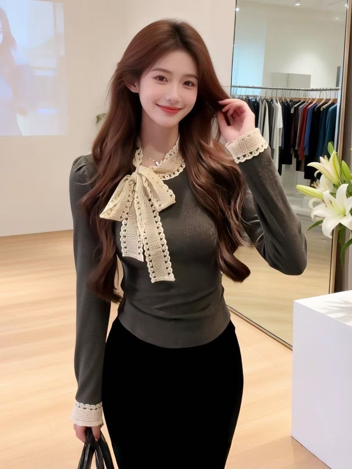 1 1 인 면 260 그램 프랑스식 고급 레이스 레이스업 나비 매듭 칼라 몸매 가꾸기 긴팔 인사이드 가져 가라. 만나는 상세 이미지 3