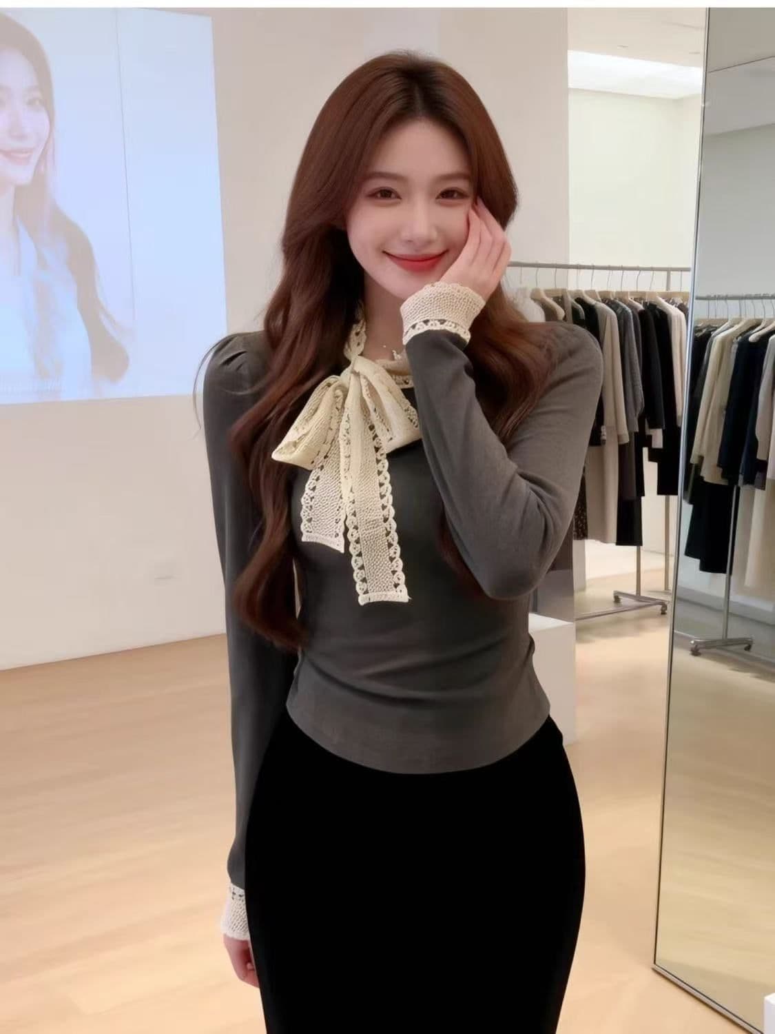 1 1 인 면 260 그램 프랑스식 고급 레이스 레이스업 나비 매듭 칼라 몸매 가꾸기 긴팔 인사이드 가져 가라. 만나는 상세 이미지 5