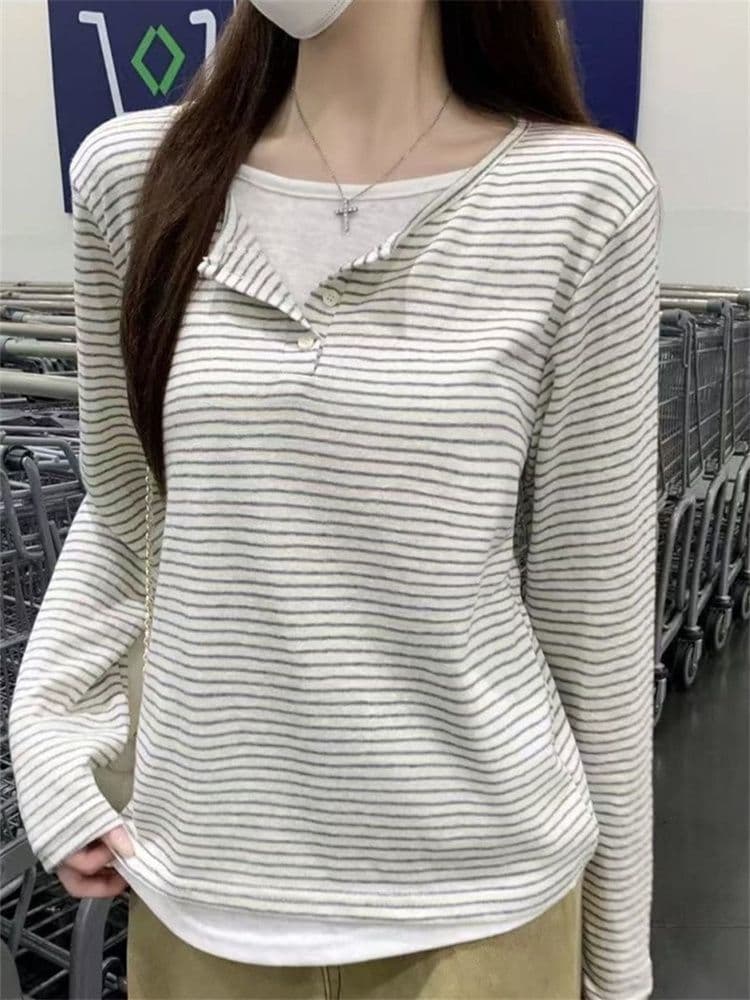 원본 광저우 원단 원본 솜씨 한 부서 헨리 칼라 페이크 레이어드 스트라이프 긴팔 맨위 상세 이미지 6
