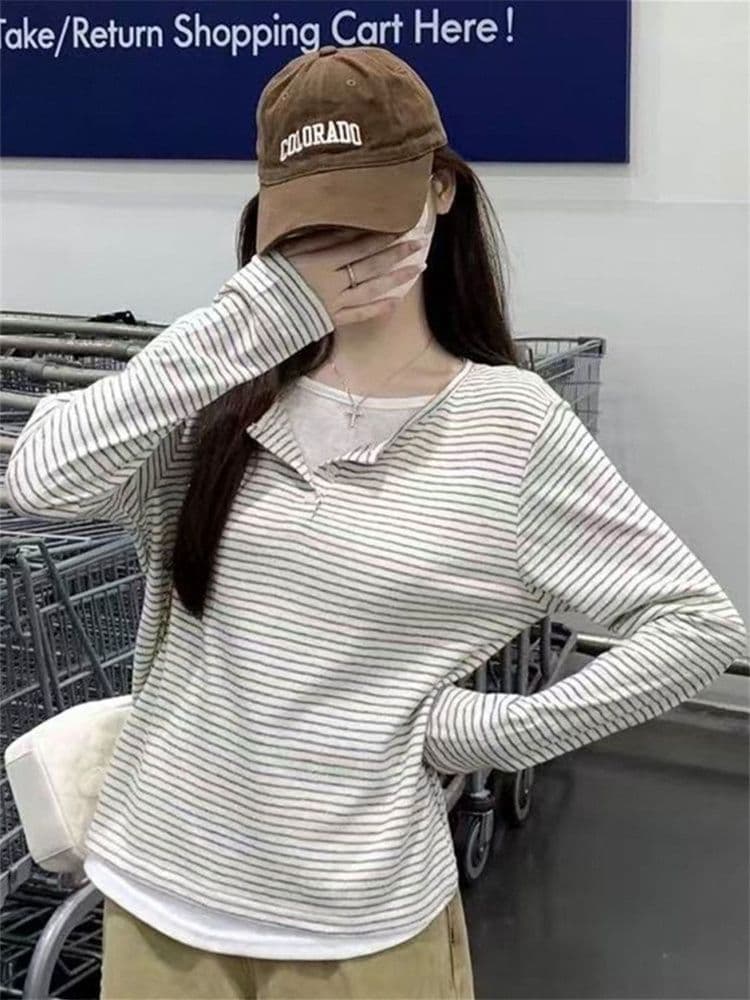 원본 광저우 원단 원본 솜씨 한 부서 헨리 칼라 페이크 레이어드 스트라이프 긴팔 맨위 상세 이미지 8