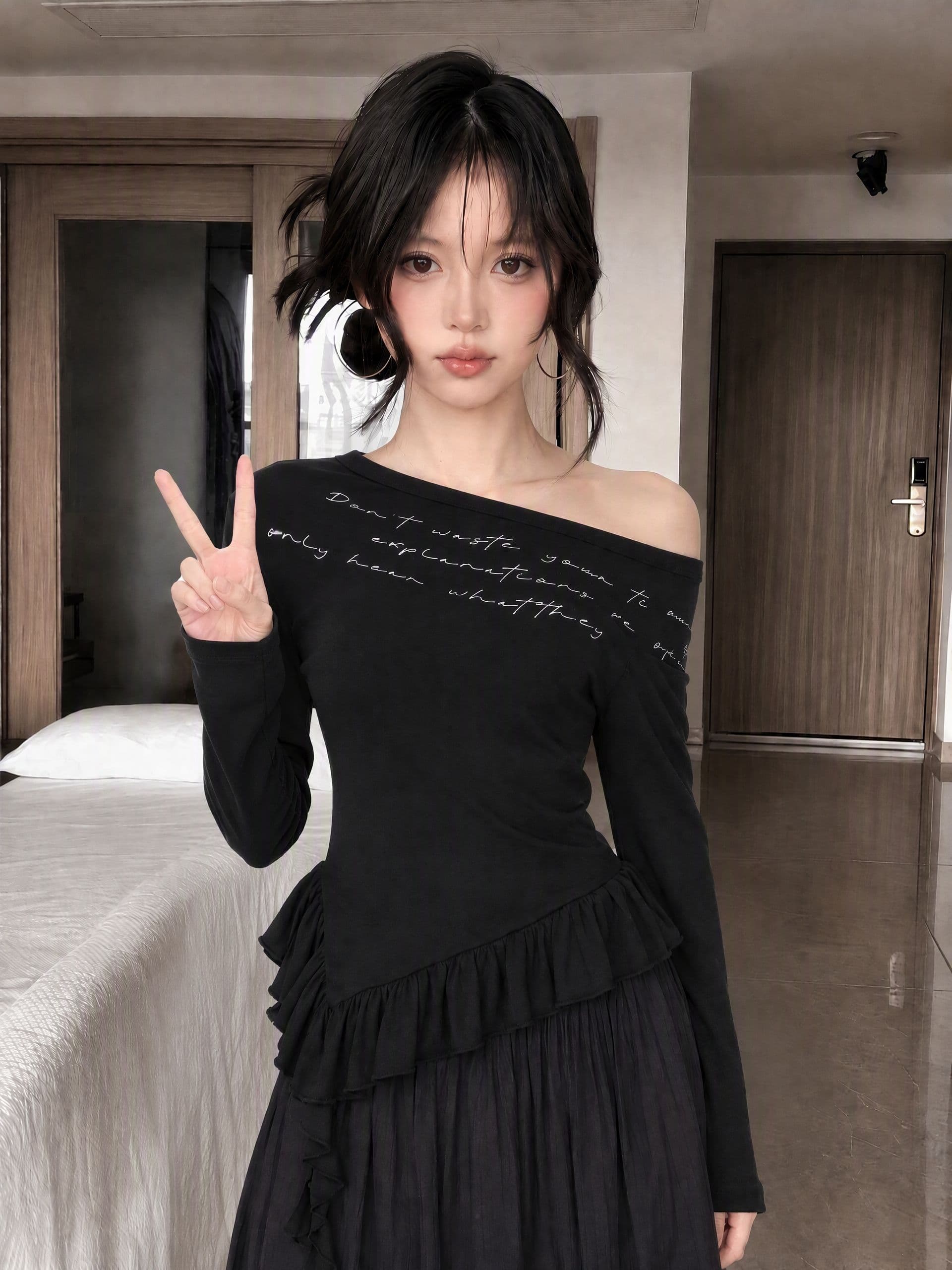 사람들 면 와 사고 방식 260 그램 핫걸 긴팔 여성 이른 가을 착용 가져 가라. 프릴 리본 맨위 ins 상세 이미지 5