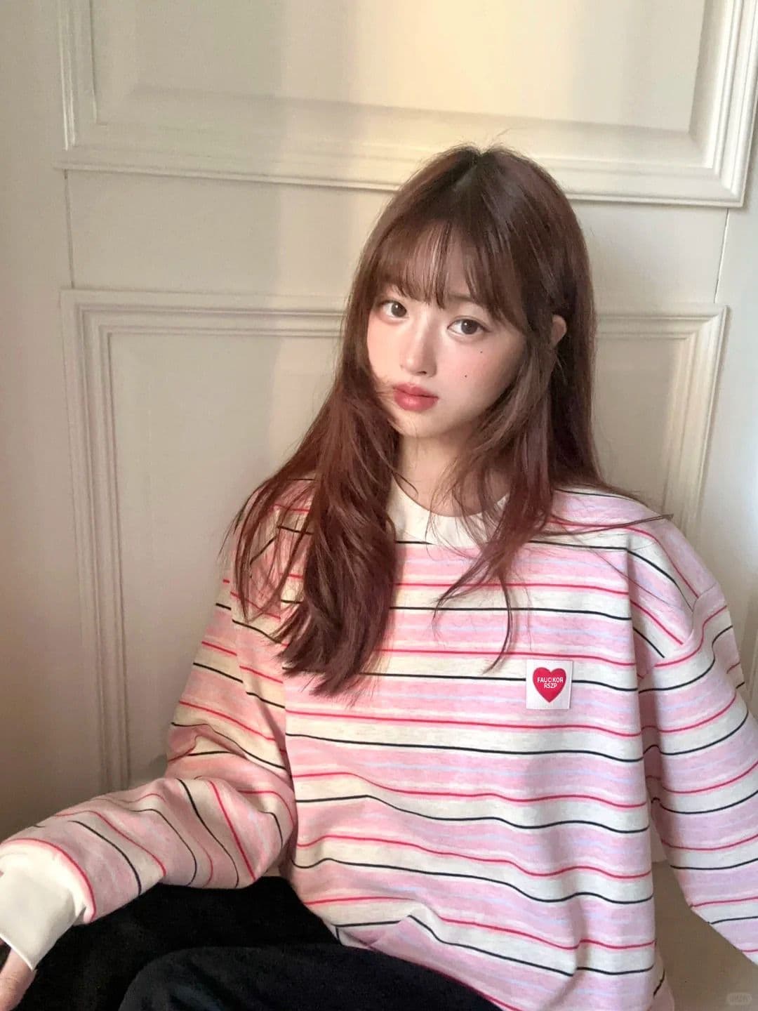 경관 그림 원본 원단 스트라이프 기사 한 부서 달콤함 핑크색 스트라이프 긴팔 티셔츠 여성 봄 가을 새로운 맨위 트렌디 상세 이미지 2