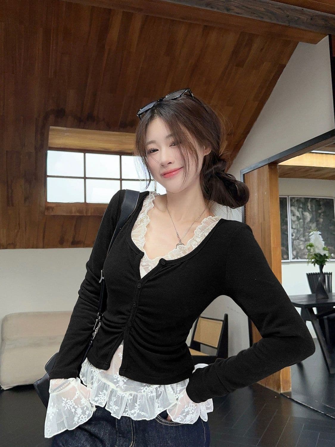 경관 그림 40 순면 210 그램 순면 슬림해 보이는 품격 긴팔 만나는 패치워크 티셔츠 페이크 레이어드 맨위 트렌디 상세 이미지 6