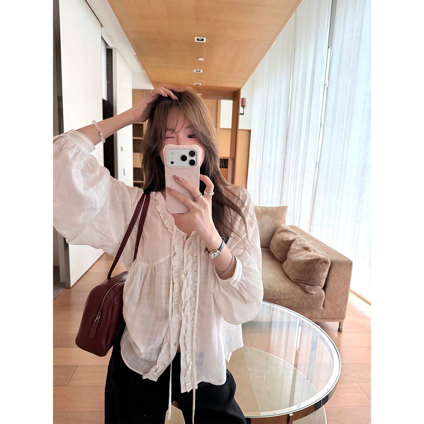 원본 품질 이른 가을 한 부서 질감 센스 V넥 레이스업 프릴 셔츠 루즈핏 요정 가스 부드러운 긴팔 맨위 이미지 3