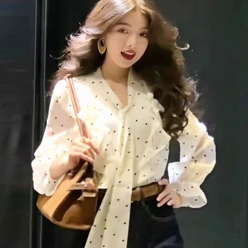 프랑스식 품격 고급 센스 프릴 도트 무늬 긴팔 셔츠 여성 가을 부드러운 바람 스트랩 Chic 셔츠 맨위