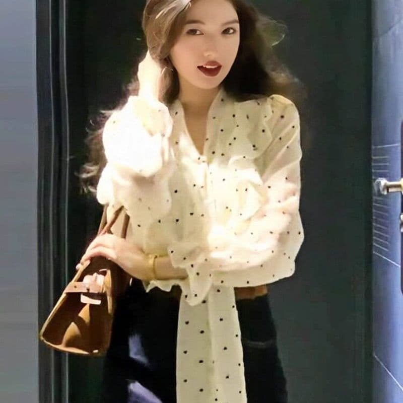 프랑스식 품격 고급 센스 프릴 도트 무늬 긴팔 셔츠 여성 가을 부드러운 바람 스트랩 Chic 셔츠 맨위 이미지 2