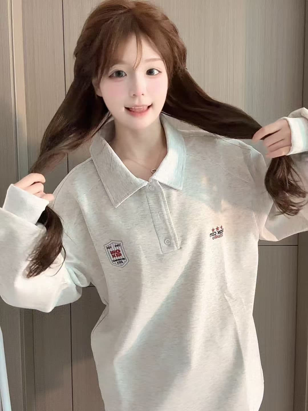 얇은 스타일 원본 압력 라인 자수 밑단 펌프 로프 순수한 Mianhua 면 복합 polo 후드티 상세 이미지 2