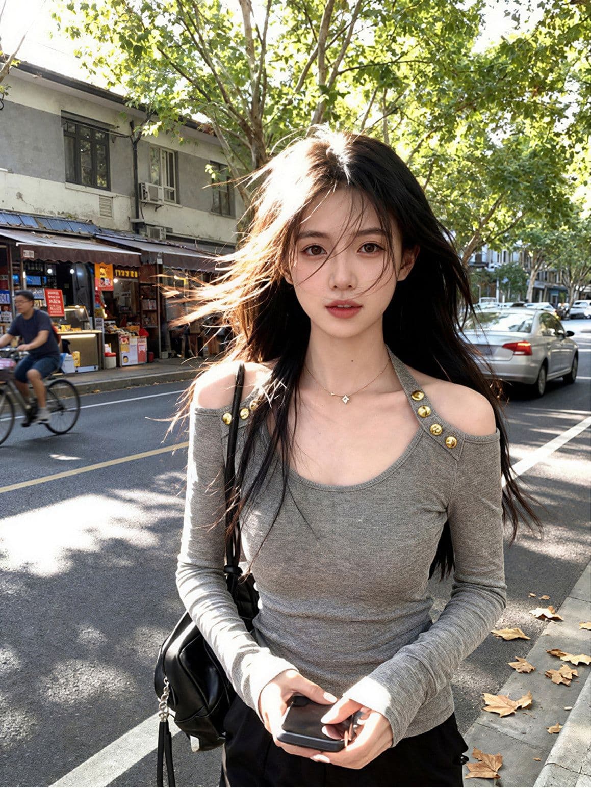 달콤한 핫걸 오프숄더 행침 목 기본 셔츠 여성 인사이드 가져 가라. 디자인 센스 긴팔 티셔츠 회색 맨위 상세 이미지 1