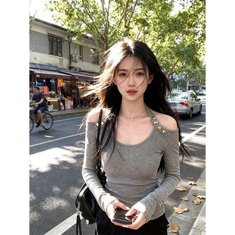 달콤한 핫걸 오프숄더 행침 목 기본 셔츠 여성 인사이드 가져 가라. 디자인 센스 긴팔 티셔츠 회색 맨위 상세 이미지 2