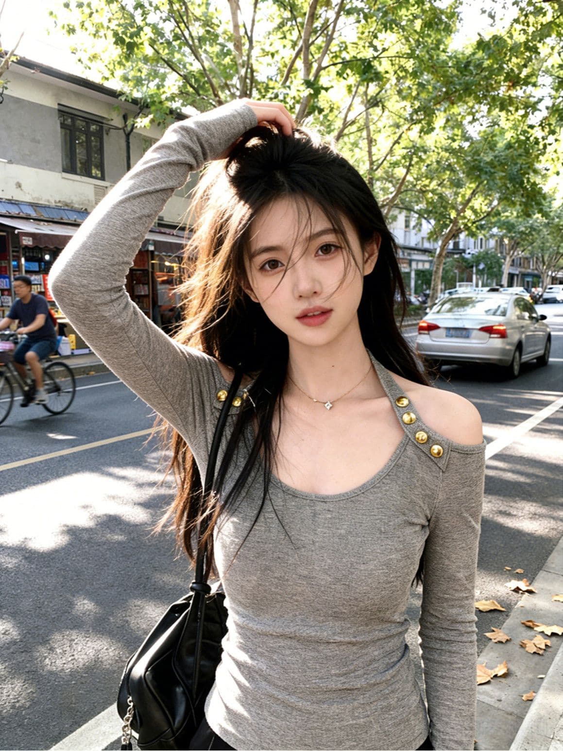 달콤한 핫걸 오프숄더 행침 목 기본 셔츠 여성 인사이드 가져 가라. 디자인 센스 긴팔 티셔츠 회색 맨위 상세 이미지 3