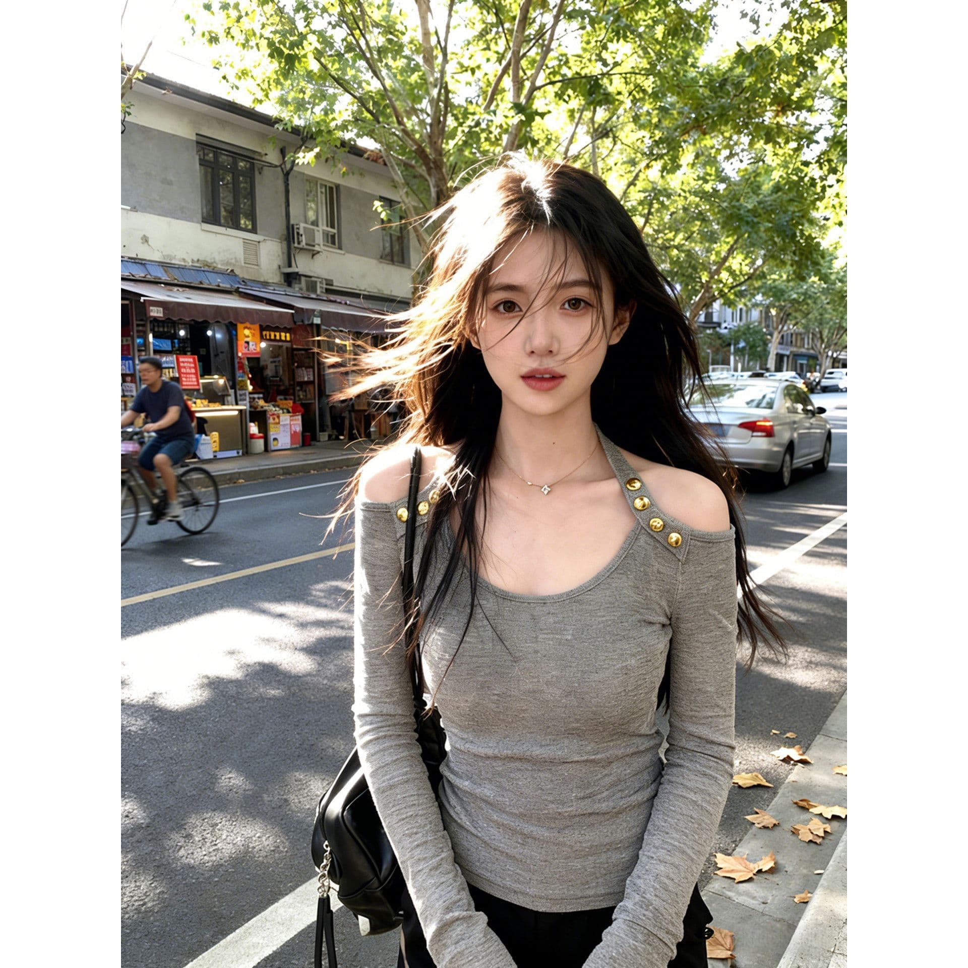 달콤한 핫걸 오프숄더 행침 목 기본 셔츠 여성 인사이드 가져 가라. 디자인 센스 긴팔 티셔츠 회색 맨위 상세 이미지 5