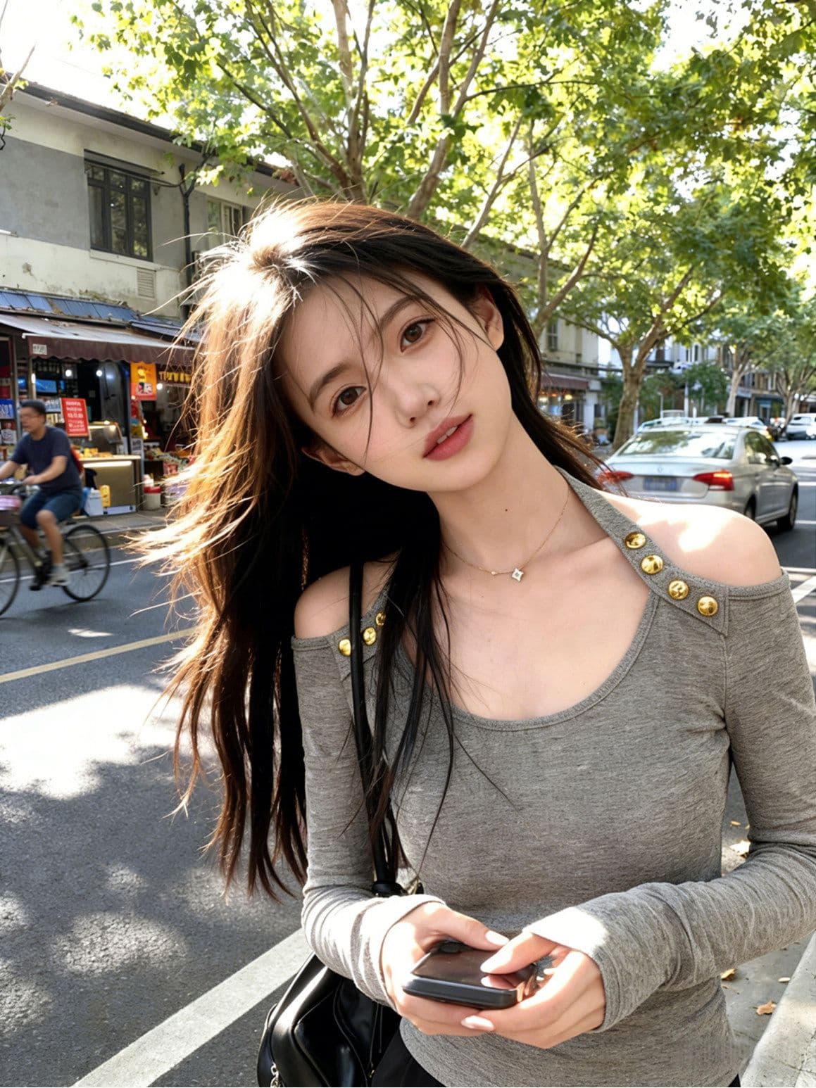 달콤한 핫걸 오프숄더 행침 목 기본 셔츠 여성 인사이드 가져 가라. 디자인 센스 긴팔 티셔츠 회색 맨위 상세 이미지 7