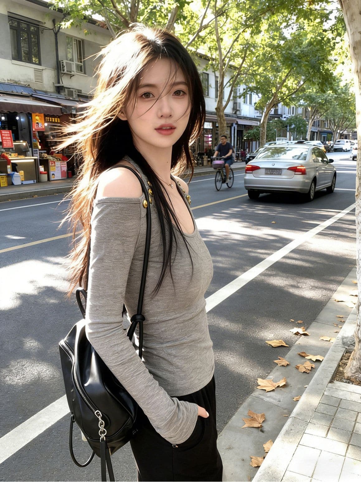 달콤한 핫걸 오프숄더 행침 목 기본 셔츠 여성 인사이드 가져 가라. 디자인 센스 긴팔 티셔츠 회색 맨위 상세 이미지 10