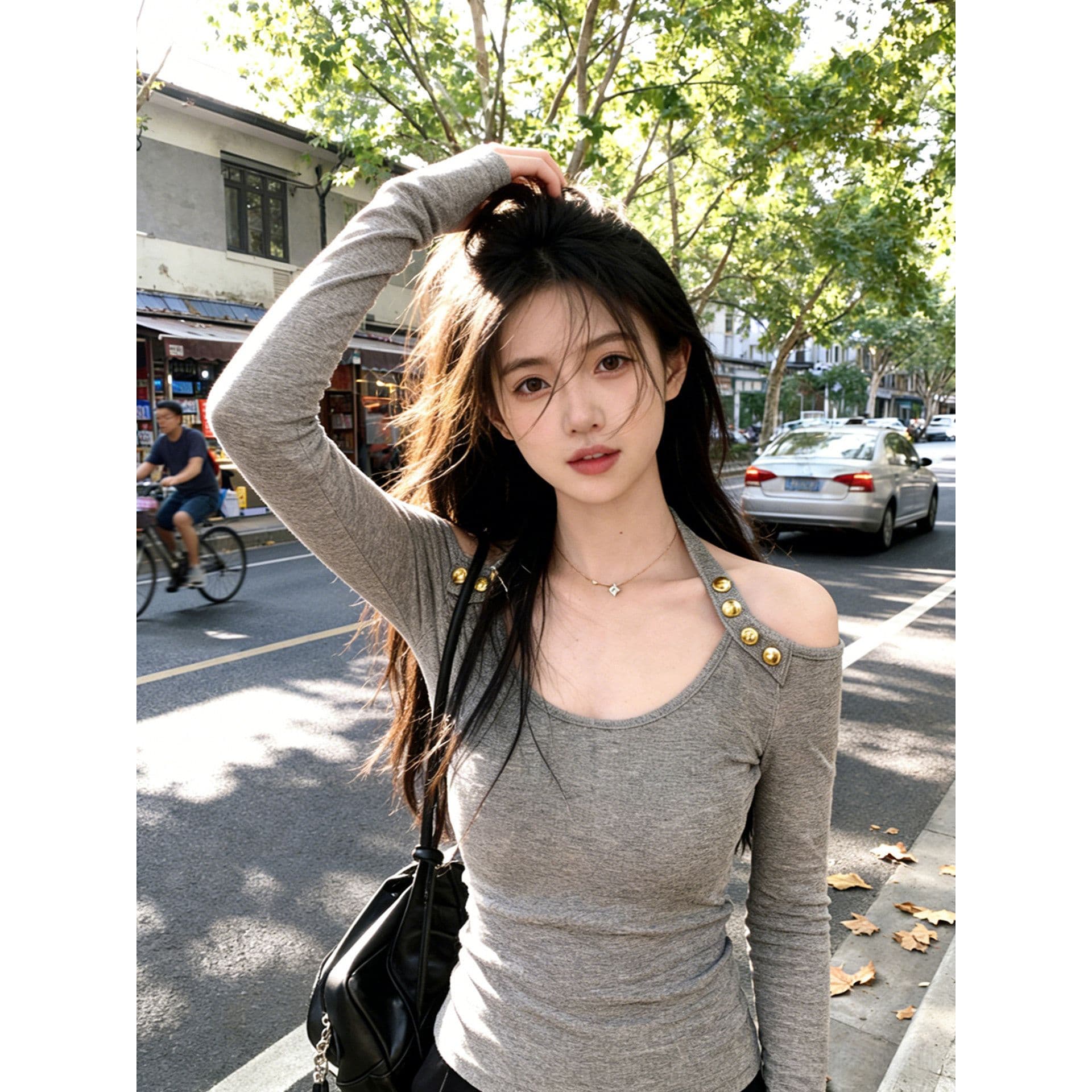 달콤한 핫걸 오프숄더 행침 목 기본 셔츠 여성 인사이드 가져 가라. 디자인 센스 긴팔 티셔츠 회색 맨위 이미지 4