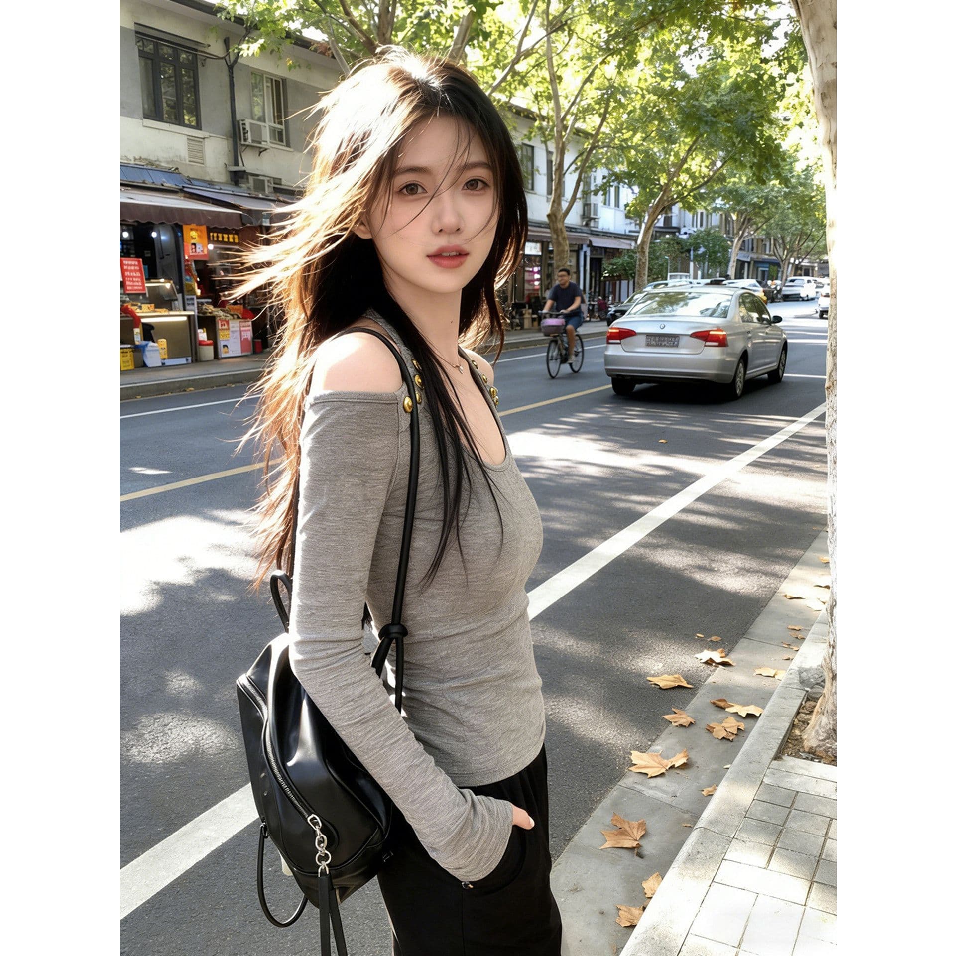 달콤한 핫걸 오프숄더 행침 목 기본 셔츠 여성 인사이드 가져 가라. 디자인 센스 긴팔 티셔츠 회색 맨위 이미지 5