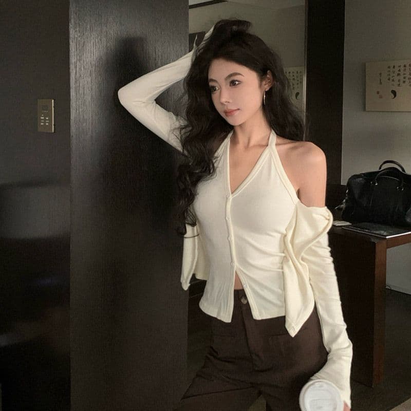 핫걸 페이크 레이어드 행침 목 긴팔 티셔츠 여성 봄 가을 작은 대중 몸매 가꾸기 슬림해 보이는 오픈 가디건 맨위 이미지 5