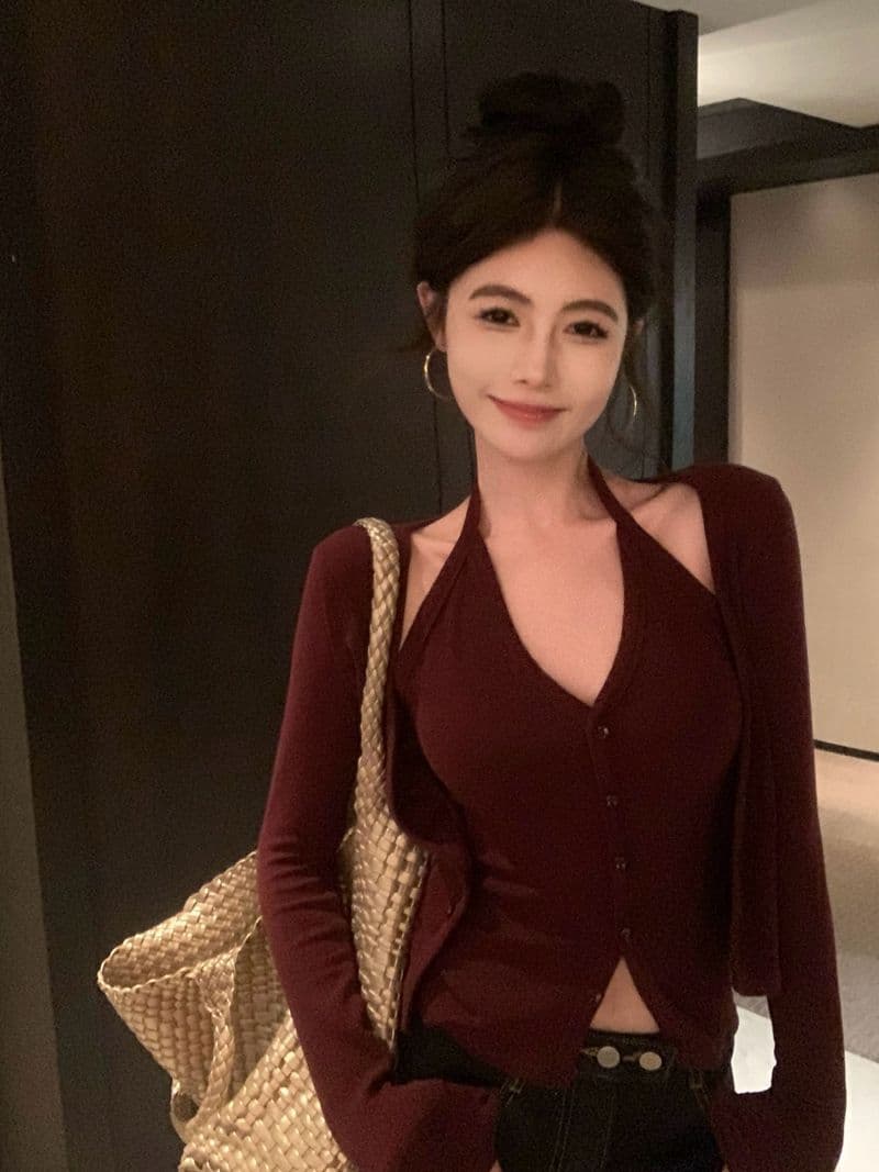 핫걸 페이크 레이어드 행침 목 긴팔 티셔츠 여성 봄 가을 작은 대중 몸매 가꾸기 슬림해 보이는 오픈 가디건 맨위 상세 이미지 2