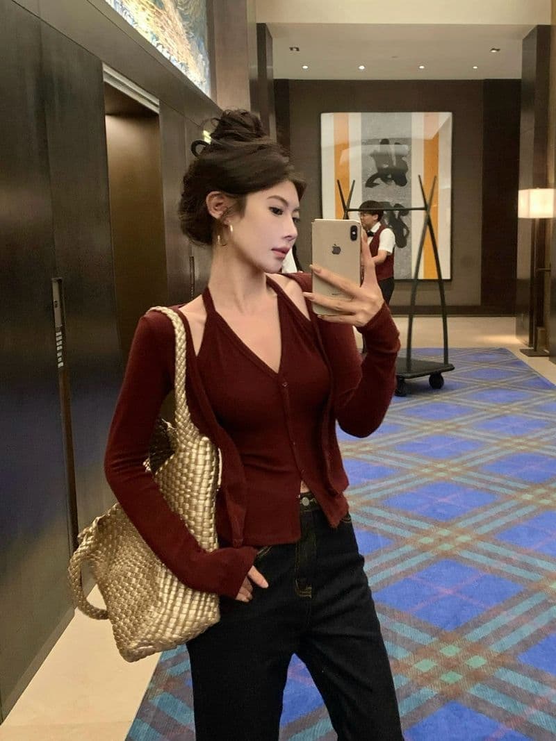 핫걸 페이크 레이어드 행침 목 긴팔 티셔츠 여성 봄 가을 작은 대중 몸매 가꾸기 슬림해 보이는 오픈 가디건 맨위 상세 이미지 4
