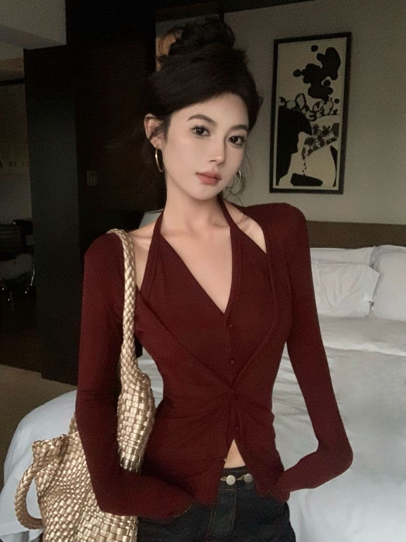핫걸 페이크 레이어드 행침 목 긴팔 티셔츠 여성 봄 가을 작은 대중 몸매 가꾸기 슬림해 보이는 오픈 가디건 맨위 상세 이미지 7