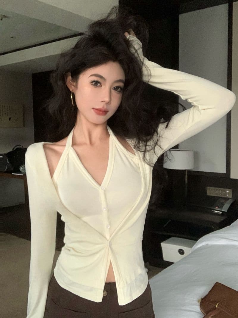 핫걸 페이크 레이어드 행침 목 긴팔 티셔츠 여성 봄 가을 작은 대중 몸매 가꾸기 슬림해 보이는 오픈 가디건 맨위 상세 이미지 9