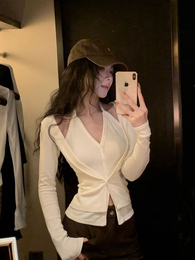 핫걸 페이크 레이어드 행침 목 긴팔 티셔츠 여성 봄 가을 작은 대중 몸매 가꾸기 슬림해 보이는 오픈 가디건 맨위 상세 이미지 12