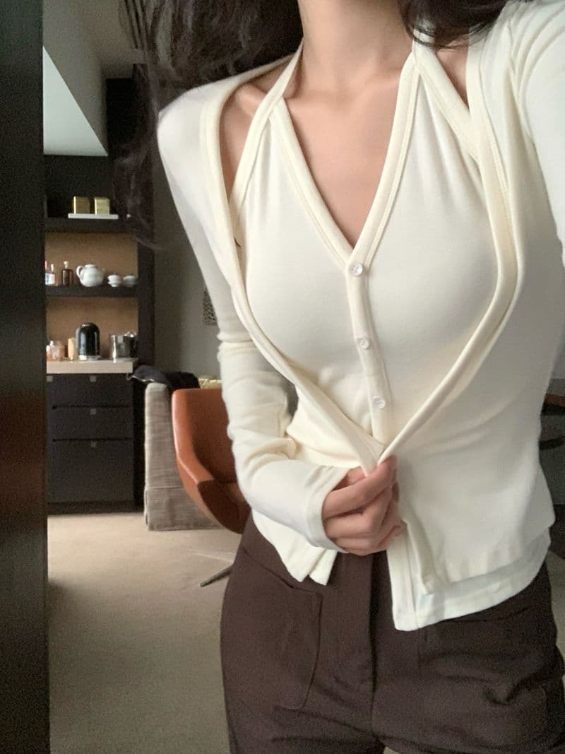 핫걸 페이크 레이어드 행침 목 긴팔 티셔츠 여성 봄 가을 작은 대중 몸매 가꾸기 슬림해 보이는 오픈 가디건 맨위 상세 이미지 13