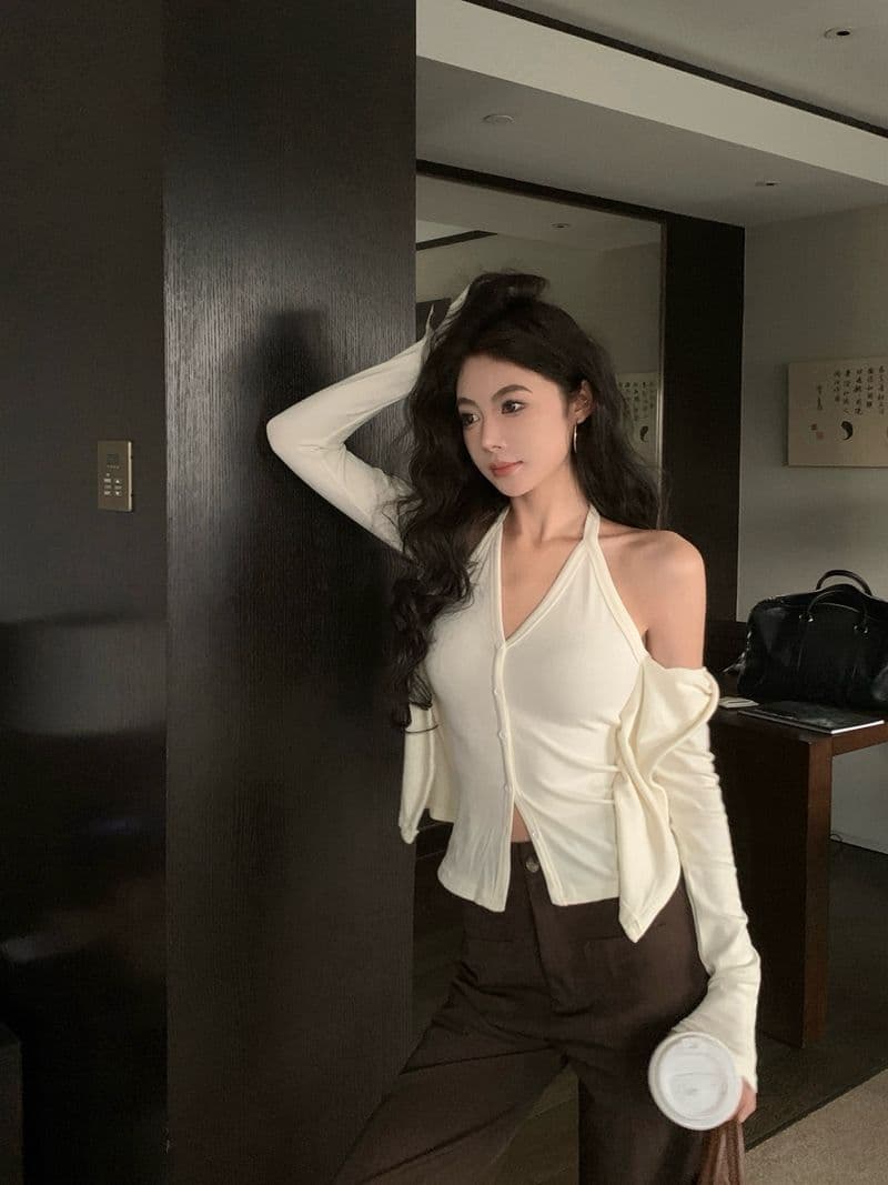 핫걸 페이크 레이어드 행침 목 긴팔 티셔츠 여성 봄 가을 작은 대중 몸매 가꾸기 슬림해 보이는 오픈 가디건 맨위 상세 이미지 16