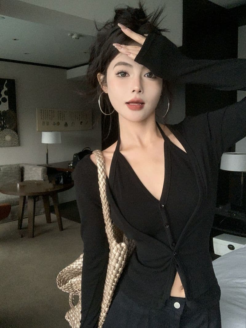 핫걸 페이크 레이어드 행침 목 긴팔 티셔츠 여성 봄 가을 작은 대중 몸매 가꾸기 슬림해 보이는 오픈 가디건 맨위 상세 이미지 17