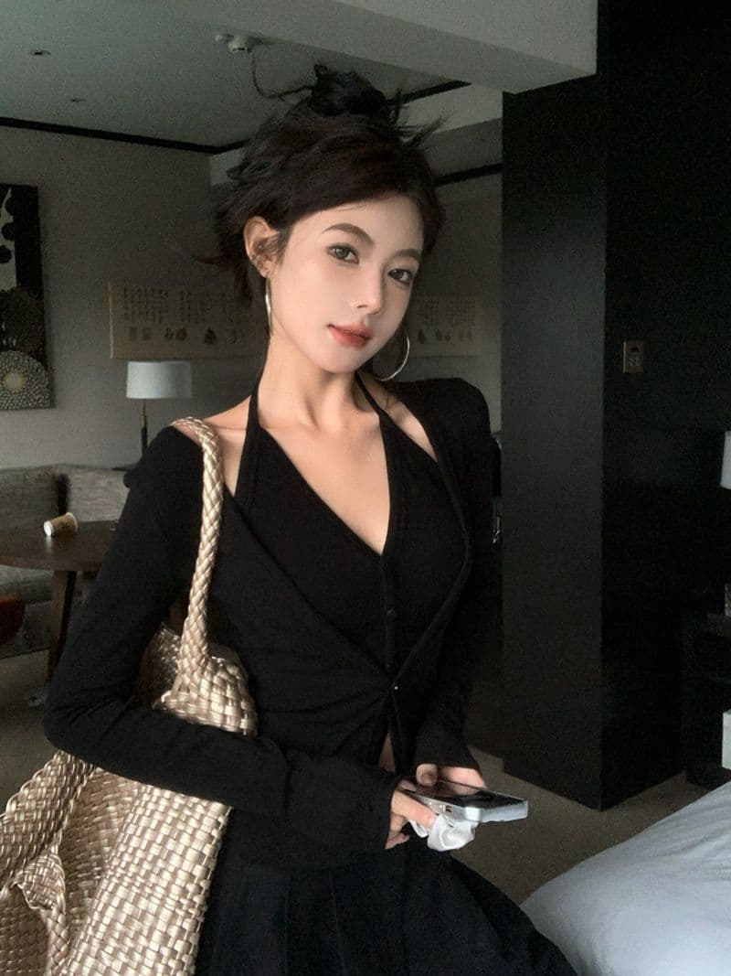 핫걸 페이크 레이어드 행침 목 긴팔 티셔츠 여성 봄 가을 작은 대중 몸매 가꾸기 슬림해 보이는 오픈 가디건 맨위 상세 이미지 19