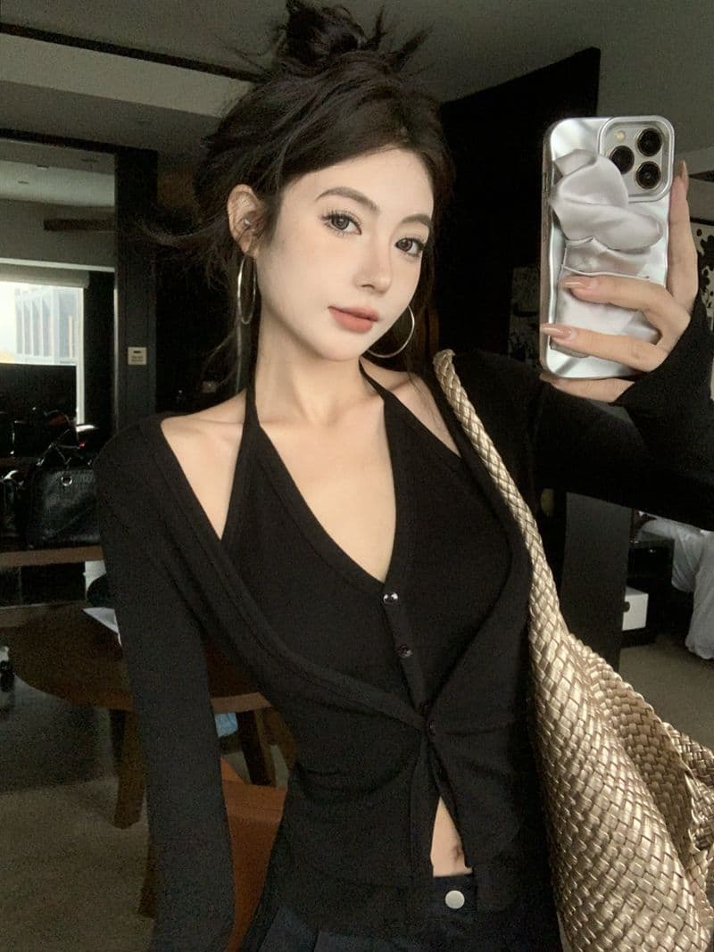 핫걸 페이크 레이어드 행침 목 긴팔 티셔츠 여성 봄 가을 작은 대중 몸매 가꾸기 슬림해 보이는 오픈 가디건 맨위 상세 이미지 20