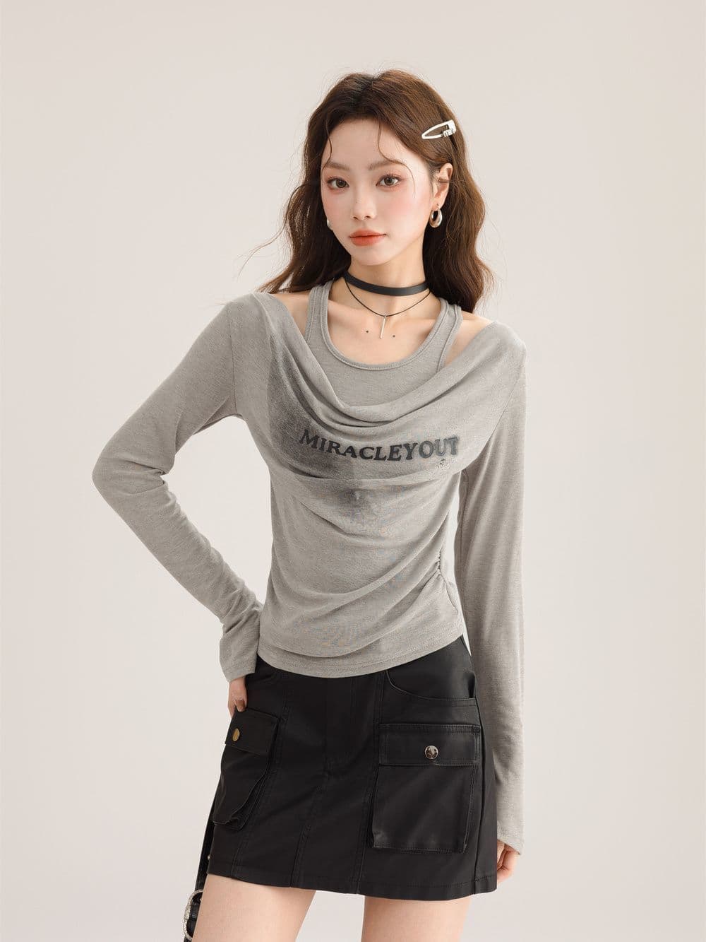 경관 그림 1 1 와 사고 방식 260 그램 행침 목 페이크 레이어드 흔들다 칼라 티셔츠 여성 새로운 디자인 짧은 다용도 맨위 이미지 2